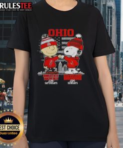Happy Charlie Brown and Snoopy in Ohio State Buckeyes and Cleveland Browns gear on a Skyline Ladies Tee design.