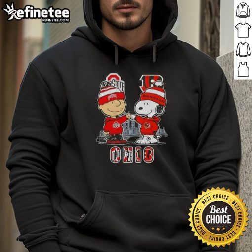 Happy Charlie Brown Ohio State Buckeyes x Snoopy Cincinnati Bengals skyline hoodie featuring vibrant designs and team logos.