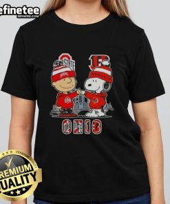 Happy Charlie Brown Ohio State Buckeyes x Snoopy Cincinnati Bengals skyline ladies tee, perfect for fans of both teams.