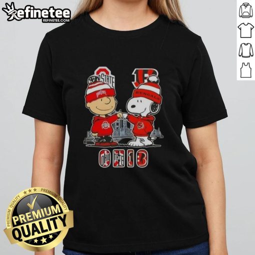 Happy Charlie Brown Ohio State Buckeyes x Snoopy Cincinnati Bengals skyline ladies tee, perfect for fans of both teams.