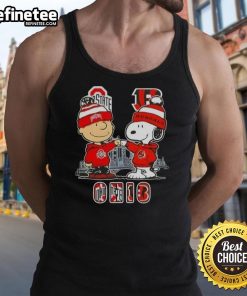 Happy Charlie Brown in Ohio State Buckeyes gear with Snoopy and Cincinnati Bengals skyline on a stylish tank top.