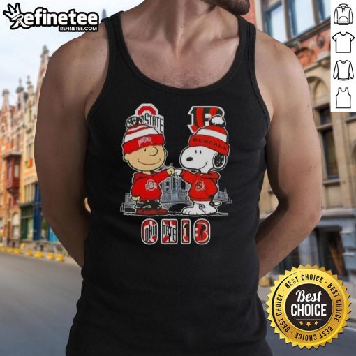 Happy Charlie Brown in Ohio State Buckeyes gear with Snoopy and Cincinnati Bengals skyline on a stylish tank top.