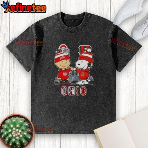 Happy Charlie Brown Ohio State Buckeyes x Snoopy Cincinnati Bengals skyline washed t-shirt design for fans.