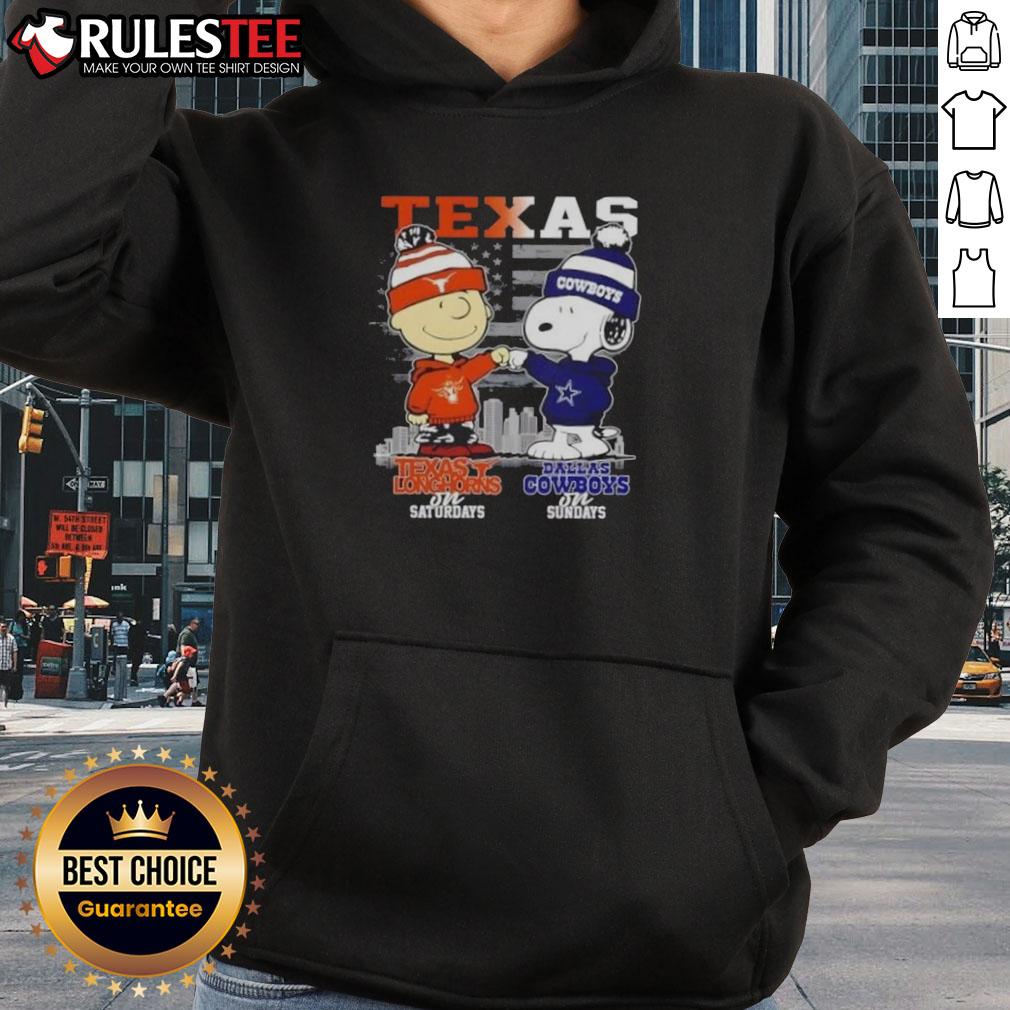 Happy Charlie Brown Texas Longhorns On Saturdays X Snoopy Dallas Cowboys On Sundays Skyline Hoodie Happy Charlie Brown hoodie featuring Texas Longhorns on Saturdays and Dallas Cowboys on Sundays, skyline design.