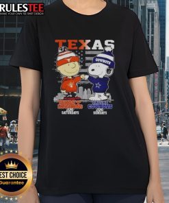 Alt Text: Happy Charlie Brown Texas Longhorns tee for ladies, featuring Snoopy and Dallas Cowboys skyline design for game days.