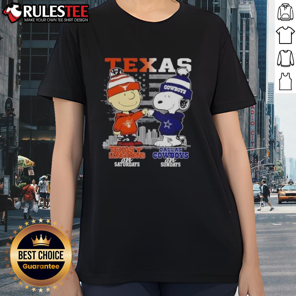 Happy Charlie Brown Texas Longhorns On Saturdays X Snoopy Dallas Cowboys On Sundays Skyline Ladies-Tee Alt Text: Happy Charlie Brown Texas Longhorns tee for ladies, featuring Snoopy and Dallas Cowboys skyline design for game days.