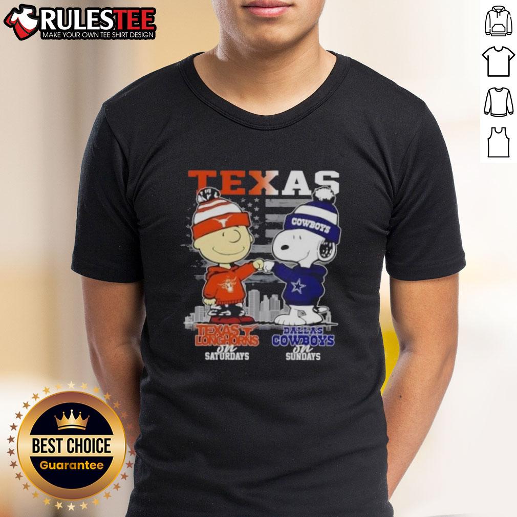 Happy Charlie Brown Texas Longhorns On Saturdays X Snoopy Dallas Cowboys On Sundays Skyline T-Shirt Happy Charlie Brown Texas Longhorns and Snoopy Dallas Cowboys t-shirt featuring a skyline design for sports fans.