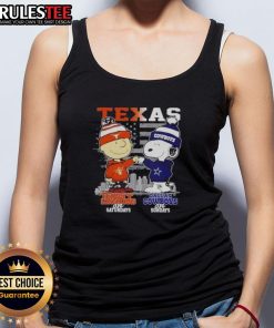 Happy Charlie Brown Texas Longhorns tank top featuring Snoopy with Dallas Cowboys skyline design for game day.