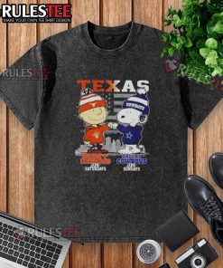 Alt Text: Happy Charlie Brown in Texas Longhorns t-shirt on Saturday, Snoopy in Dallas Cowboys shirt on Sunday, skyline background.