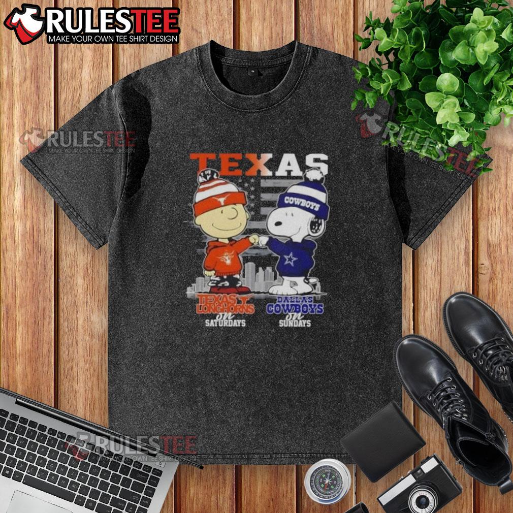 Happy Charlie Brown Texas Longhorns On Saturdays X Snoopy Dallas Cowboys On Sundays Skyline Washed T-Shirt Alt Text: Happy Charlie Brown in Texas Longhorns t-shirt on Saturday, Snoopy in Dallas Cowboys shirt on Sunday, skyline background.