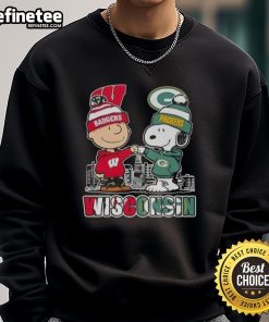 Happy Charlie Brown sweatshirt featuring Wisconsin Badgers and Snoopy with Green Bay Packers skyline design.
