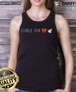 Happy Charlie Kirk wearing a broken heart dove tank top, showcasing a vibrant design and cheerful expression.