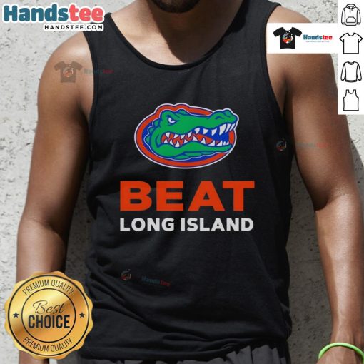 Happy Florida Gators fans wearing a tank top celebrating their victory over Long Island in a vibrant outdoor setting.