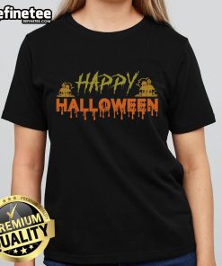 Alt Text: Happy Halloween Haunted House design on a spooky ladies tee, perfect for festive celebrations and Halloween outings.