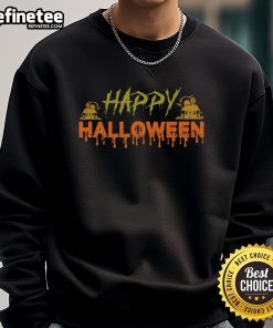 Happy Halloween haunted house spooky sweatshirt featuring eerie graphics and festive colors for Halloween celebrations.