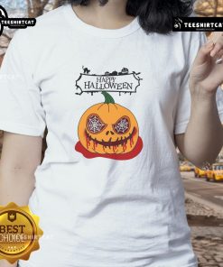 Happy Halloween scary pumpkin horror ladies tee featuring a vibrant pumpkin graphic perfect for spooky celebrations.