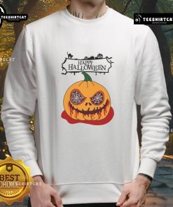 Happy Halloween Scary Pumpkin Horror Sweatshirt featuring a spooky pumpkin design for festive fall fashion.