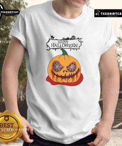 Happy Halloween scary pumpkin horror T-shirt featuring a spooky jack-o'-lantern design perfect for Halloween festivities.