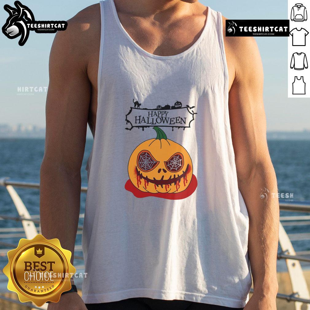 Happy Halloween Scary Pumpkin Horror Tank Top Alt Text: Happy Halloween scary pumpkin horror tank top featuring a spooky pumpkin design, perfect for festive celebrations.