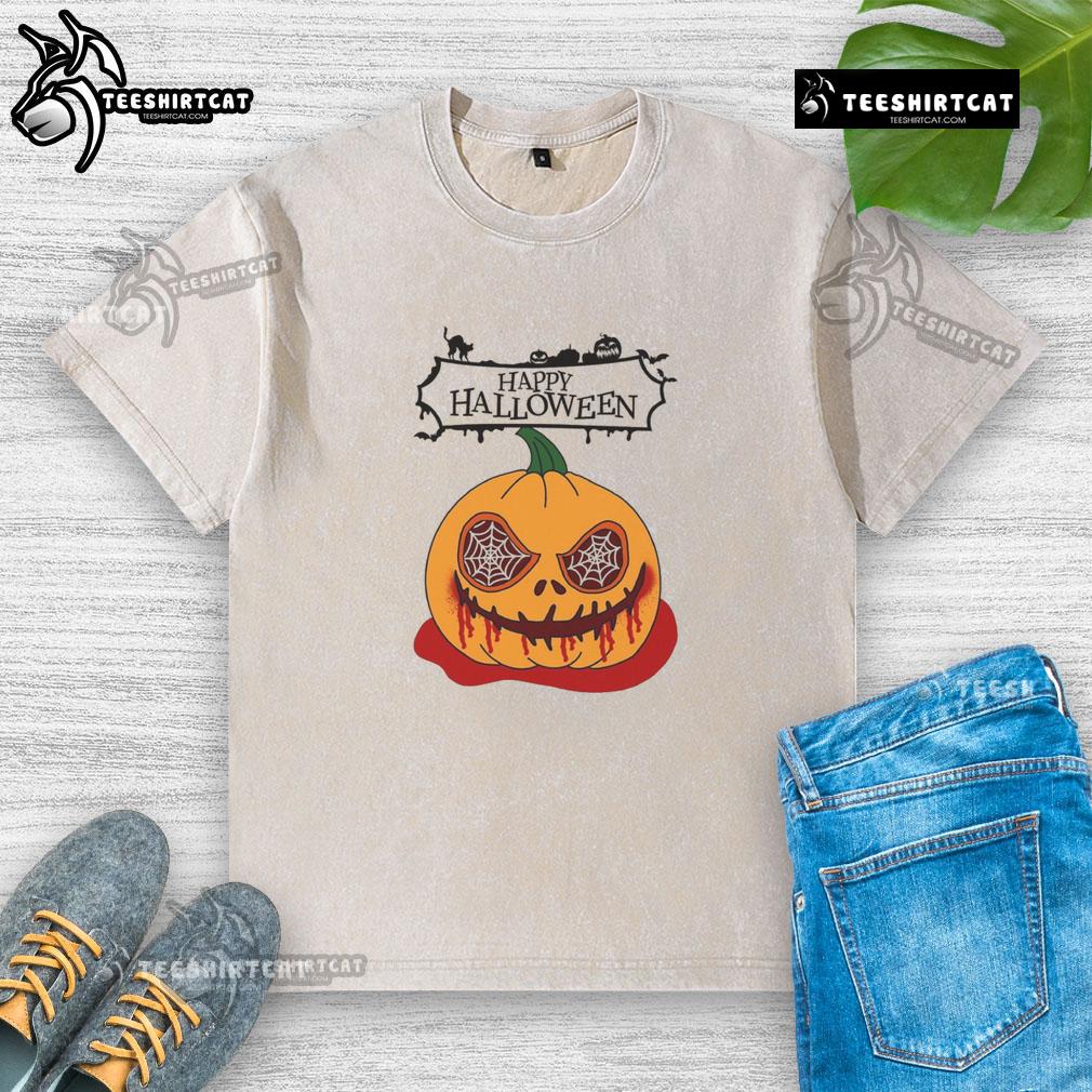Happy Halloween Scary Pumpkin Horror Washed T Shirt Alt Text: Happy Halloween scary pumpkin horror design on a washed t-shirt, perfect for festive celebrations and spooky style.