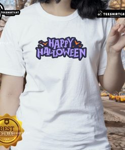 Happy Halloween spooky bats graphic on a stylish ladies tee, perfect for festive celebrations and Halloween parties.