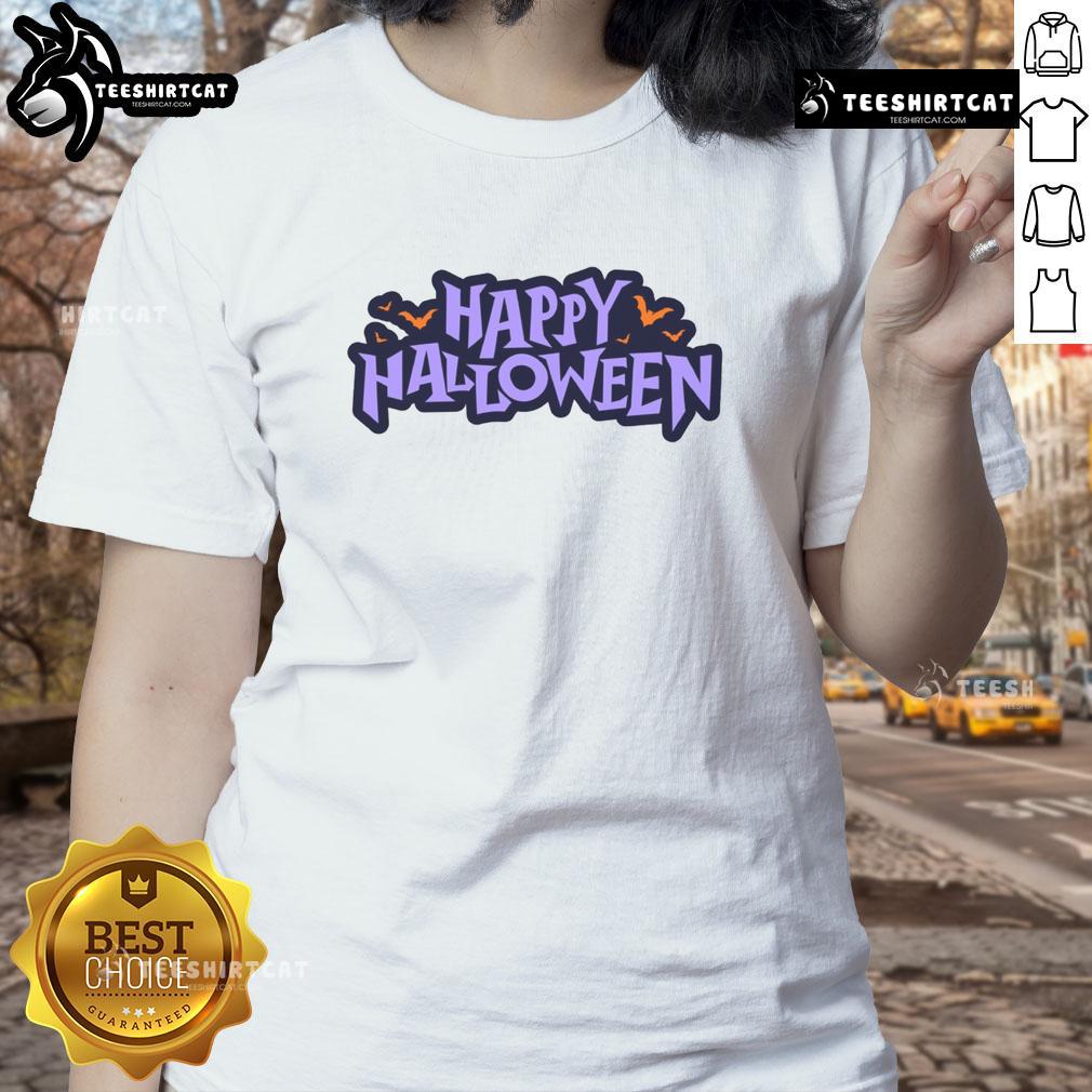 Happy Halloween Spooky Bats Graphic Ladies Tee Happy Halloween spooky bats graphic on a stylish ladies tee, perfect for festive celebrations and Halloween parties.