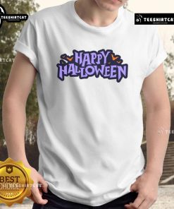 Alt Text: Happy Halloween Spooky Bats Graphic T-Shirt featuring playful bat designs perfect for Halloween festivities.