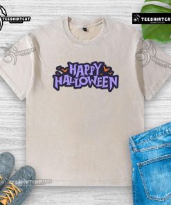 Happy Halloween spooky bats graphic on a washed t-shirt, perfect for festive celebrations and autumn style.
