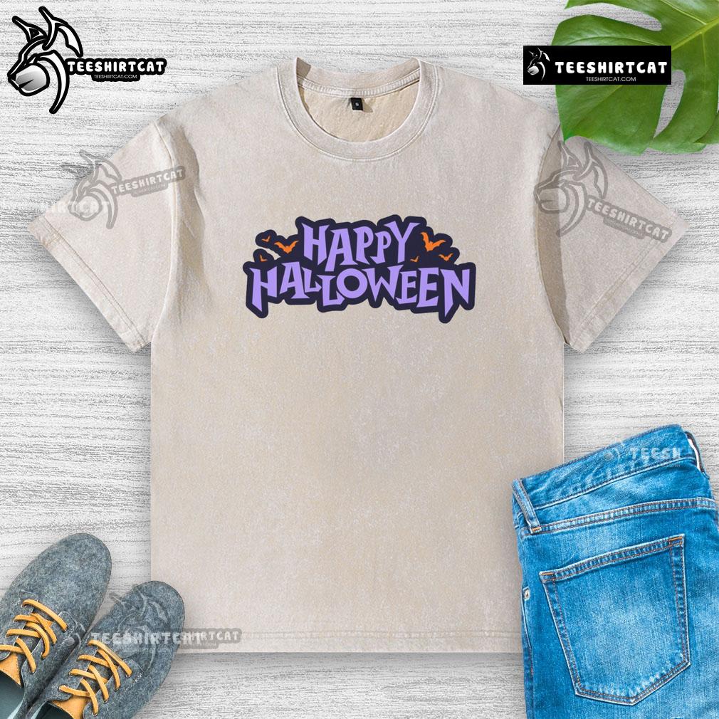 Happy Halloween Spooky Bats Graphic Washed T Shirt Happy Halloween spooky bats graphic on a washed t-shirt, perfect for festive celebrations and autumn style.