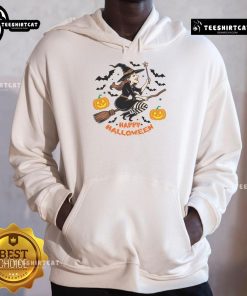Happy Halloween hoodie featuring a witch flying on a broomstick, perfect for festive autumn celebrations.