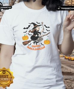 Happy Halloween! Witch flying on broomstick design for ladies tee, perfect for festive celebrations and spooky fun.