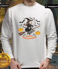 Happy Halloween sweatshirt featuring a cheerful witch flying on a broomstick against a spooky night sky.
