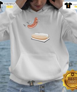 Happy hot dog sausage jumping into a hot dog bun hoodie, perfect for fun food-themed apparel.