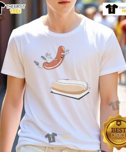 Happy hot dog sausage jumping into a bun on a fun T-shirt design, perfect for food lovers and BBQ enthusiasts.