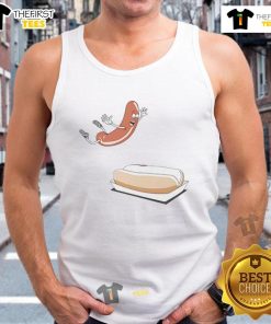 Happy hot dog sausage jumping into a hot dog bun tank top, showcasing a fun and playful food-themed design.