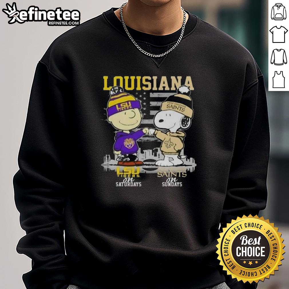 Happy Louisiana Sports Charlie Brown LSU Tigers Saturdays X Snoopy New Orleans Saints Sundays Skyline Sweatshirt Happy Louisiana sports sweatshirt featuring Charlie Brown, Snoopy, LSU Tigers, and New Orleans Saints skyline design.