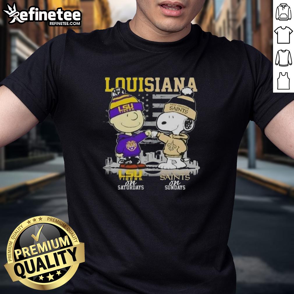 Happy Louisiana Sports Charlie Brown LSU Tigers Saturdays X Snoopy New Orleans Saints Sundays Skyline T-Shirt Happy Louisiana Sports T-Shirt featuring Charlie Brown, LSU Tigers, Snoopy, New Orleans Saints, and skyline design.