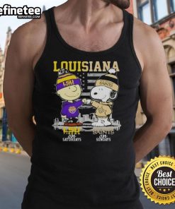 Happy Louisiana Sports tank top featuring Charlie Brown, Snoopy, LSU Tigers, and New Orleans Saints skyline design.