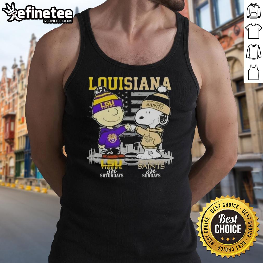 Happy Louisiana Sports Charlie Brown LSU Tigers Saturdays X Snoopy New Orleans Saints Sundays Skyline Tank Top Happy Louisiana Sports tank top featuring Charlie Brown, Snoopy, LSU Tigers, and New Orleans Saints skyline design.
