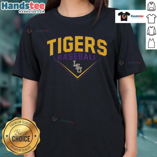 Happy LSU Tigers baseball logo on a stylish ladies tee, perfect for fans celebrating their team spirit.