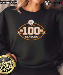 Happy Miami Hurricanes Football sweatshirt celebrating 100 seasons from 1926 to 2025, perfect for fans and alumni.