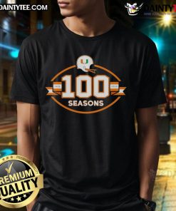 Happy Miami Hurricanes Football 100 Seasons 1926-2025 T-Shirt featuring vibrant team colors and celebratory design.