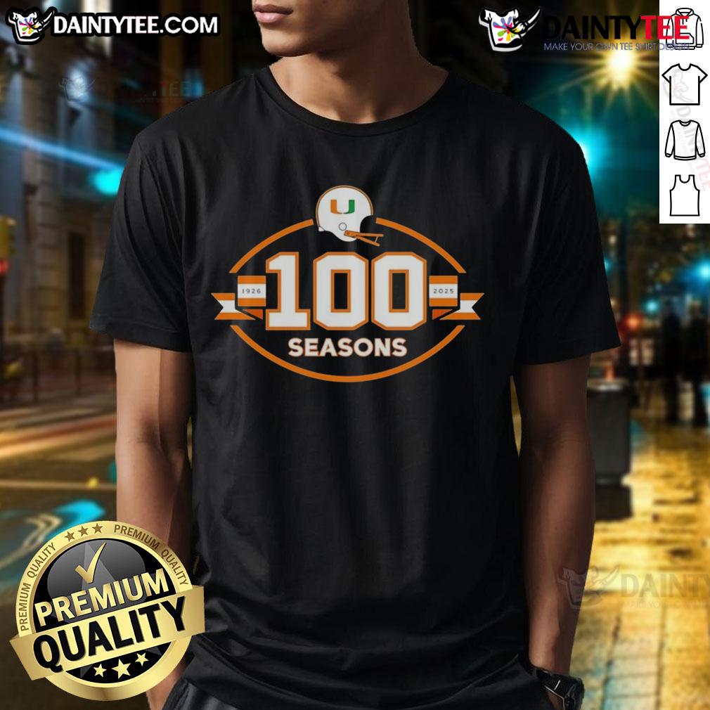 Happy Miami Hurricanes Football 100 Seasons 1926 2025 T Shirt Happy Miami Hurricanes Football 100 Seasons 1926-2025 T-Shirt featuring vibrant team colors and celebratory design.