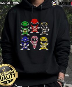Chibi-style hoodie featuring Happy Mighty Morphin Power Rangers characters in vibrant colors and playful design.