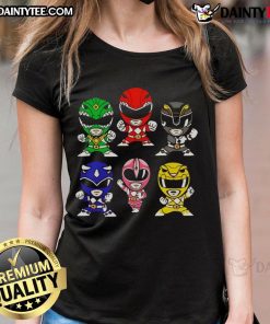 Chibi-style design of Mighty Morphin Power Rangers ladies on a vibrant tee, perfect for fans and collectors.