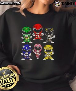 Chibi-style Happy Mighty Morphin Power Rangers sweatshirt featuring colorful characters in a fun design. Perfect for fans!