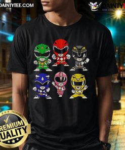 Chibi-style T-shirt featuring happy Mighty Morphin Power Rangers in vibrant colors, perfect for fans and collectors.