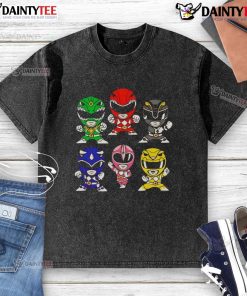 Chibi-style Mighty Morphin Power Rangers graphic on a washed t-shirt, perfect for fans of the classic series.