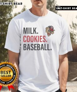 Happy Milk Cookies Baseball T-Shirt featuring Washington Wild Things logo, perfect for fans of the team and sweet treats.