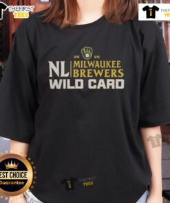 Happy Milwaukee Brewers 2025 National League Wild Card baseball ladies tee featuring team colors and logo design.